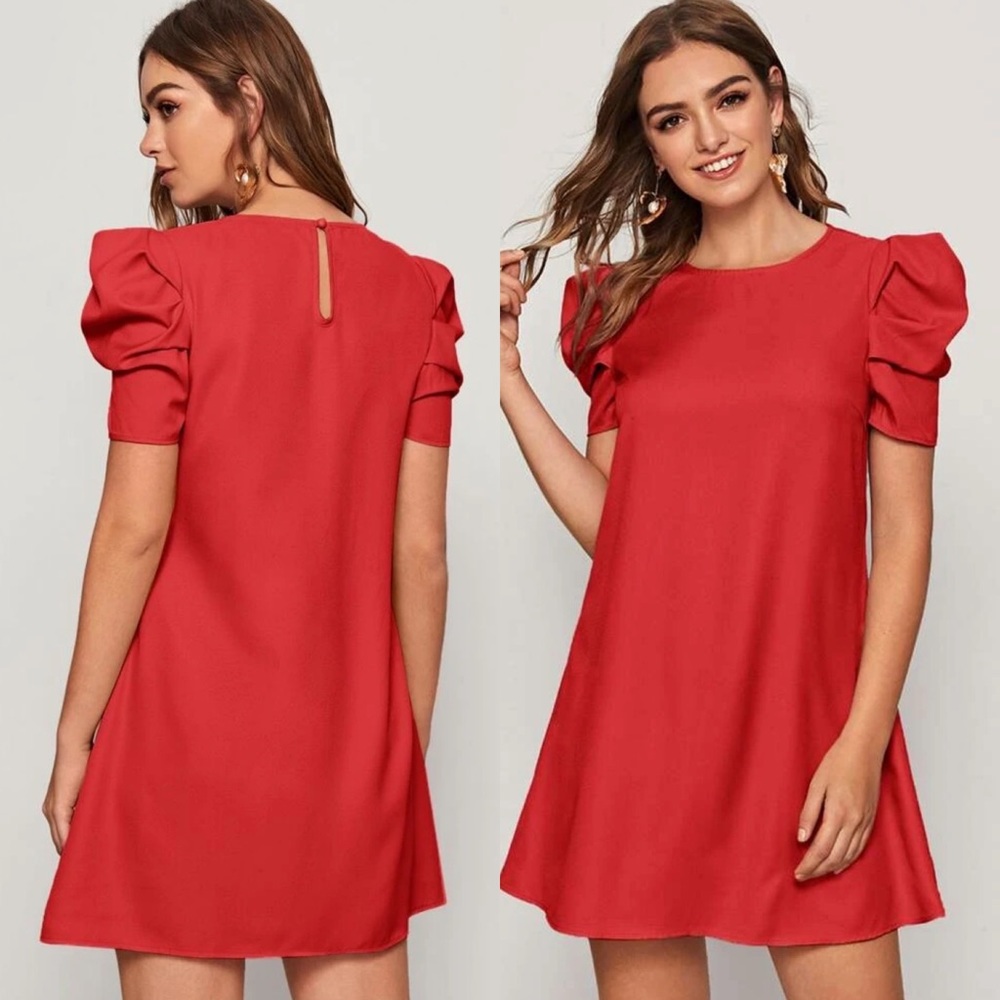 Puff sleeve babydoll shift dress keyhole cutout back short tunic green - Picture 7 of 8